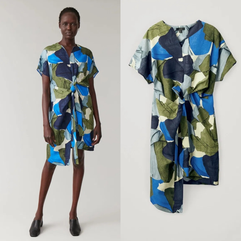 COS Abstract Printed Linen Lyocell Dress W/t Pocket Wrap Tie Front Sz 2 - 19"ptp